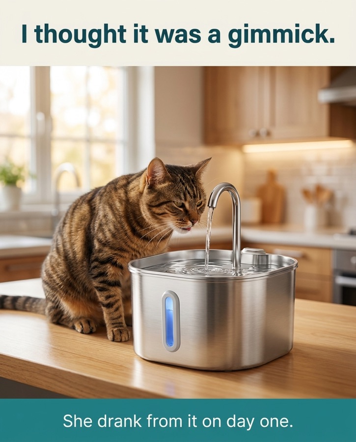 A cat that was skeptical of the fountain now drinking from it regularly