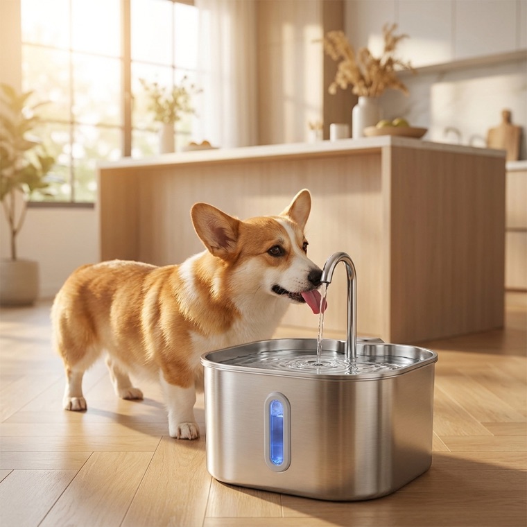 A small dog drinking from the fountain